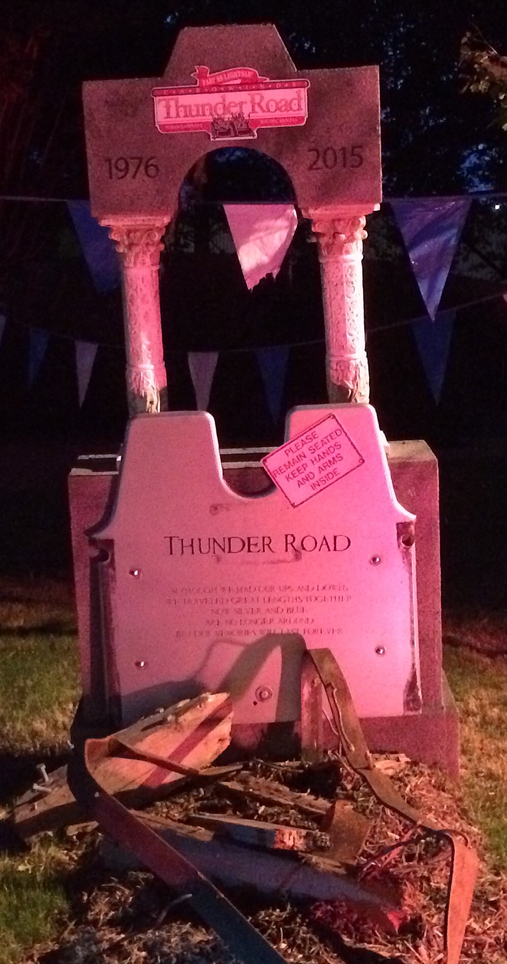 Commemorative sculpture made from pieces of the defunct roller coaster at Carowinds that was called Thunder Road.